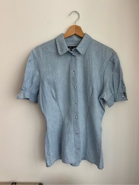 Thierry Mugler Pale Blue Short-Sleeve Button Blouse